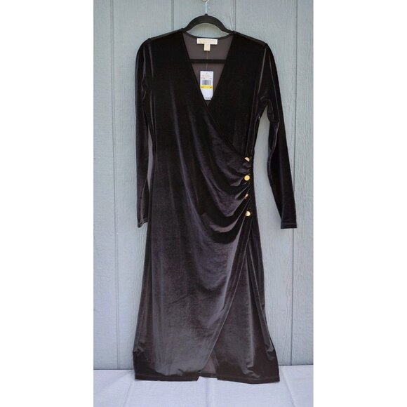 Michael Kors Dresses & Skirts - Michael Kors Gold Button Ruched Velvet Bodycon Dress Med Black Formal Faux Wrap